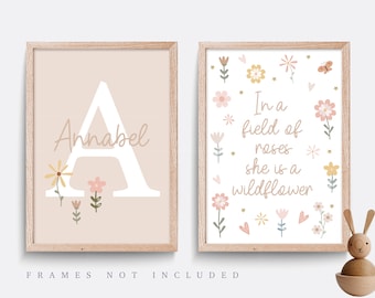 Wildflower nursery print, Set of 2 prints, Beige nursery decor, Floral nursery print, Rainbow print, Girl bedroom art, Boho nursery print