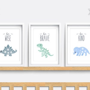 Dinosaur Nursery wall art, Set of 3 dinosaur prints, T-Rex art, Be brave, Kid bedroom art, Baby nursery decor, Triceratops, Blue bedroom art image 1