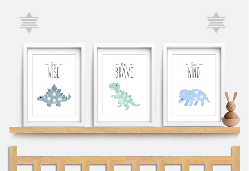 Dinosaur Nursery wall art, Set of 3 dinosaur prints, T-Rex art, Be brave, Kid bedroom art, Baby nursery decor, Triceratops, Blue bedroom art image 1