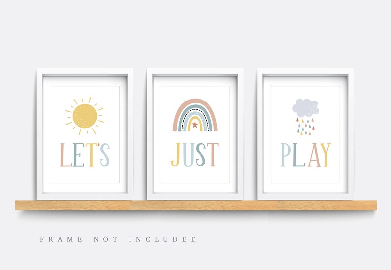 Colourful nursery Playroom print Let/'s play Kid bedroom art Set of 3 prints Nursery wall art Yellow Nursery print Rainbow nursery art