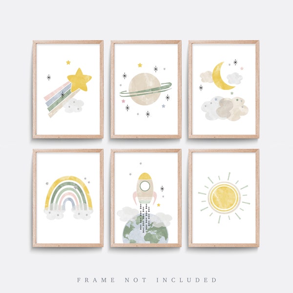 Space nursery prints, Set of 6 Nursery print, Nursery wall art, Space wall art, Planet, Sun print, Rocket print, Rainbow art, Gender neutral