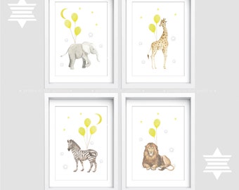 Safari Nursery wall art, Set of 4 prints, Giraffe Nursery print, Nursery decor, Yellow wall art, Safari animal art, Elephant nursery print