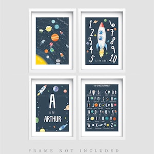 Space nursery print, Set of 4 prints, Nursery wall art, Space themed decor, Baby boy gift, Name print, Solar system print, Space ABC print