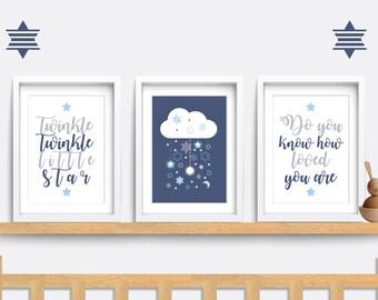 Nursery wall art, Set of 3 Star prints, Twinkle twinkle little star, Boys nursery decor, Blue nursery prints, Nursery quote print, Star art