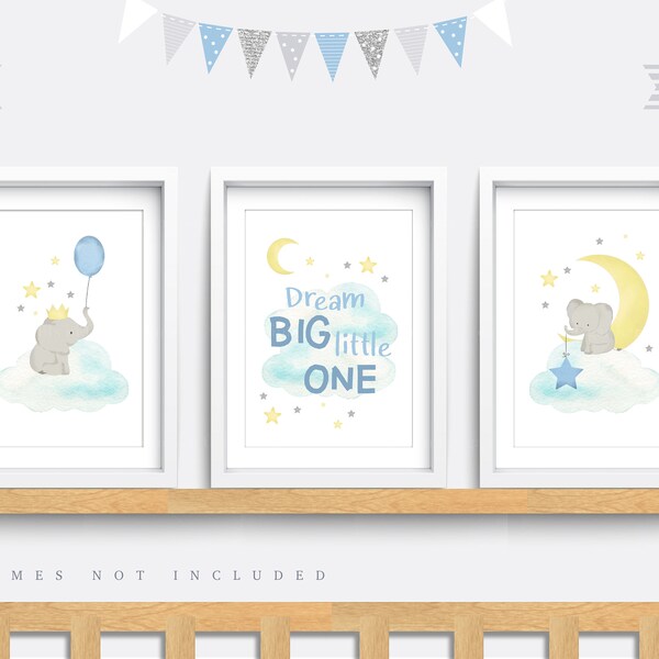 Elephant wall art, Set of 3 prints, Elephant Nursery print, Nursery decor, Blue wall art, Safari animal art, Dream big little one print