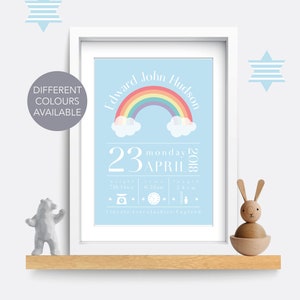 Birth print. Birth details print. Birth poster. Rainbow name print. Baby name sign. Baby gift. Christening/baptism gift. Baby name wall art.
