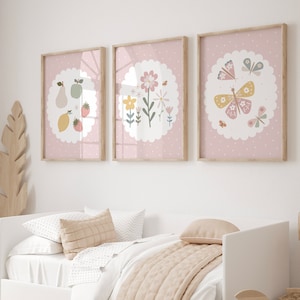 Wildflower nursery print, Set of 3 prints, Pink nursery decor, Floral nursery print, strawberry art, bedroom art, vintage style nursery