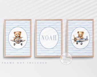 Bear Aeroplane Nursery Print Set: Vintage Style Wall Art