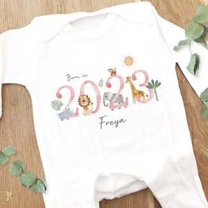 Personalised Sleepsuit, New baby gift, Born in 2024 gift, Personalised baby grow, Safari baby gift, Going home outfit, Baby keepsake image 3