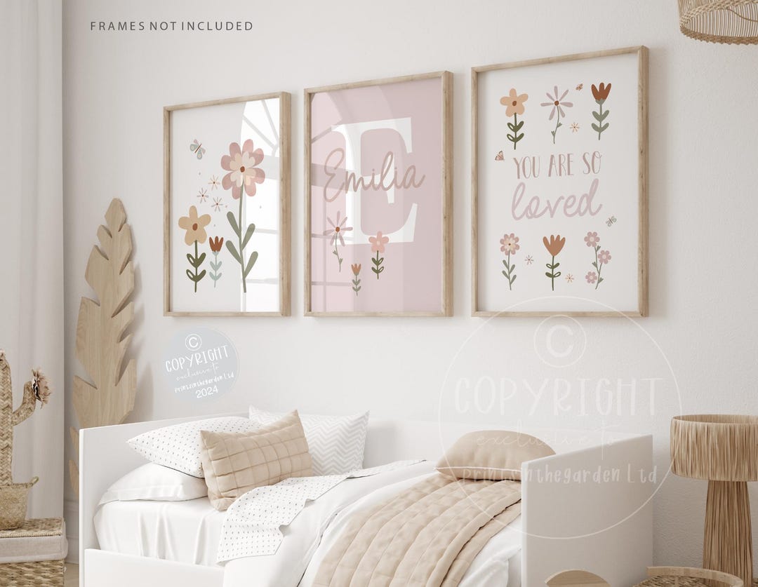 Wildflower Nursery Print Set: Boho Floral Decor, Personalized Name Art ...