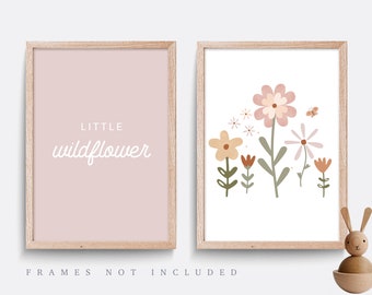 Wildflower nursery print, Set of 2 prints, Pink nursery decor, Floral nursery print, Rainbow print, Girl bedroom art, Boho nursery print