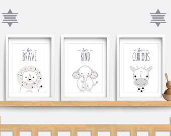 Safari Animal Nursery Prints: Lion, Elephant, Giraffe Art (Set of 3)