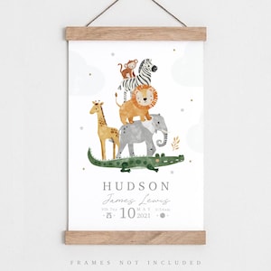 Birth details print, Safari animal print, Birth poster, Baby name print, Baby name sign, Christening/baptism gift, Baby name wall art