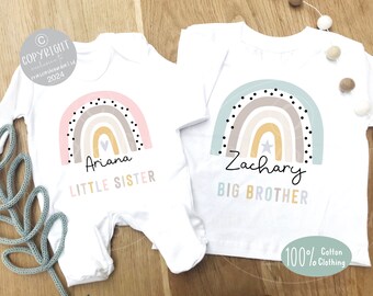 Personalized Siblings Outfit: Rainbow Matching T-shirt and Baby Grow
