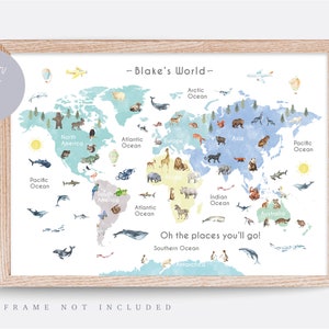 Animal World Map Print, Map Wall Art,  Educational Print,  Baby Decor,  Nursery Map,  Nursery Room,  Children&#39;s Room Decor,  Playroom Print