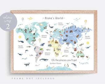 Peut inclure: Une carte du monde aquarelle avec des animaux et des océans étiquetés. La carte est dans des tons de bleu, vert et gris. Le texte "Blake's World" est en haut de la carte. Le texte "Oh the places you'll go!" est en bas de la carte.
