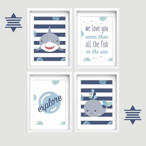 Nautical Nursery wall art, Set of 4 sea themed prints, Whale wall art, Kid bedroom art, Baby nursery decor, Whale print, starfish, shark art