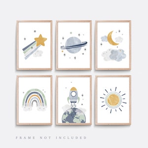 Space nursery prints, Set of 6 Nursery prints, Nursery wall art, Space wall art, Baby boy gift, Planet, Sun print, Rocket print, Rainbow art