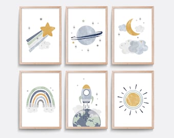 Space Nursery Prints: Planet, Rocket, Sun Art (Set of 6)