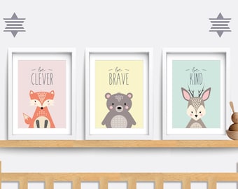 Woodland Animal Nursery Prints: Fox, Bear, Deer - Set of 3