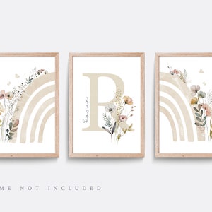 Rainbow nursery print, Flower wall art, Beige nursery decor, Girls nursery art, Baby name print, Wildflower, Girls bedroom art, Set of 3