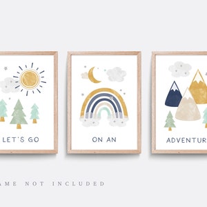 Nursery wall art, Set of 3, Green and blue nursery prints, Mountain nursery decor, Adventure print, Outdoor, Forest nursery art, Rainbow art