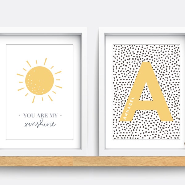 Sunshine nursery print, Nursery wall art, Yellow nursery decor, Name print, Initial print, Spotty nursery decor, You are my sunshine print