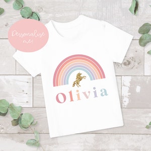 Girl rainbow t-shirt, Girls Unicorn T-shirt, Personalised Kids T-shirt, Birthday Keepsake T-shirt, Children&#39;s Birthday, Kid&#39;s name T-shirt,