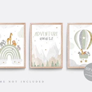 Safari nursery print. Set of 3 Star prints. Cloud nursery decor. Hot air balloon. Baby nursery print. Gender neutral art. Green and grey art