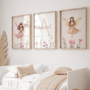 Fairy nursery print, Girl's fairy print, Fairy wall art, Pink nursery decor, Girls nursery art, girl name print, Girls bedroom art, Set of 3