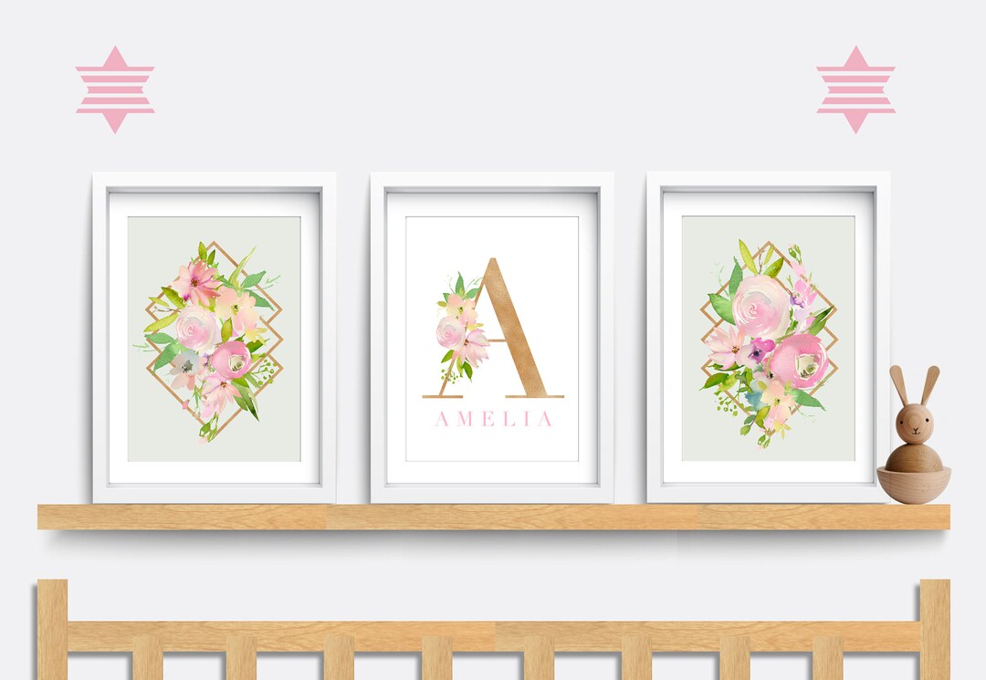 Flower Nursery Wall Art, Set of 3 Prints, Pink Nursery Decor, Floral ...