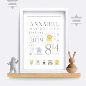 Birth details print, Safari animal print, Birth poster, Baby name print, Baby name sign, Christening/baptism gift, Baby name wall art