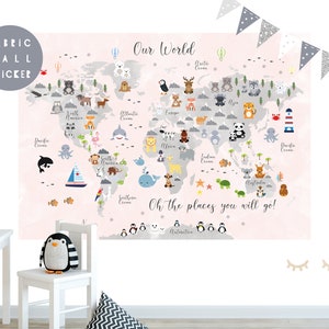 Animal World Map wall sticker, Wall decal, Nursery wall sticker, Nursery wall art, Kid wall decal, Mural, Animal world map, Map of the world