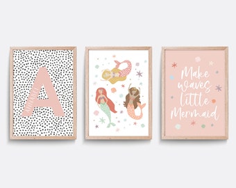 Mermaid nursery print, Coral nursery art, Baby nursery decor, Girl bedroom decor, Mermaid wall art print, Nursery wall art, Set of 3 prints