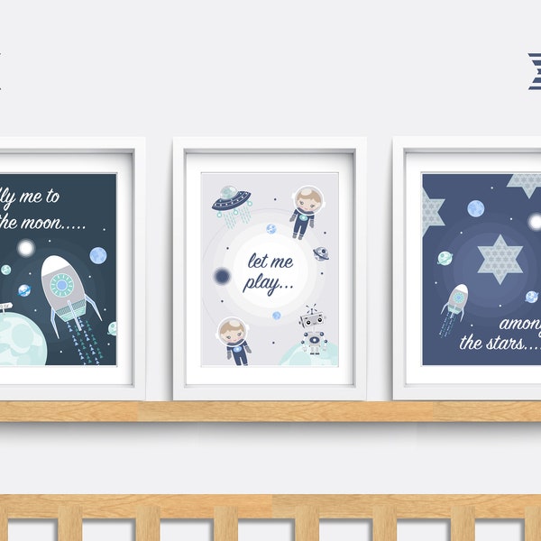 Space Nursery wall art. Set of 3 Nursery prints. Fly me to the moon, Star decor, Space themed nursery, Baby nursery print, Baby boy gift