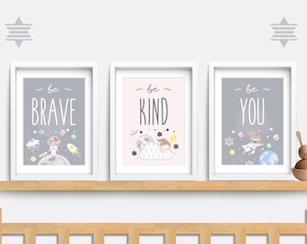 Set of 3 Nursery Prints Be Brave Be Kind Be You Print | Etsy