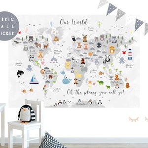 Animal World Map wall sticker, Wall decal, Nursery wall sticker, Nursery wall art, Kid wall decal, Mural, Animal world map, Map of the world