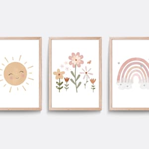 Wildflower nursery print, Set of 3 prints, Pink nursery decor, Floral nursery print, Rainbow print, Girl bedroom art, Sunshine print, Boho