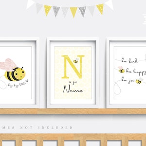 Bee wall art, Set of 3 prints, Bee Nursery print, Nursery wall art, Yellow wall art, Nursery decor, Baby name print, Be kind print