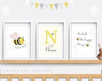 Bee wall art, Set of 3 prints, Bee Nursery print, Nursery wall art, Yellow wall art, Nursery decor, Baby name print, Be kind print