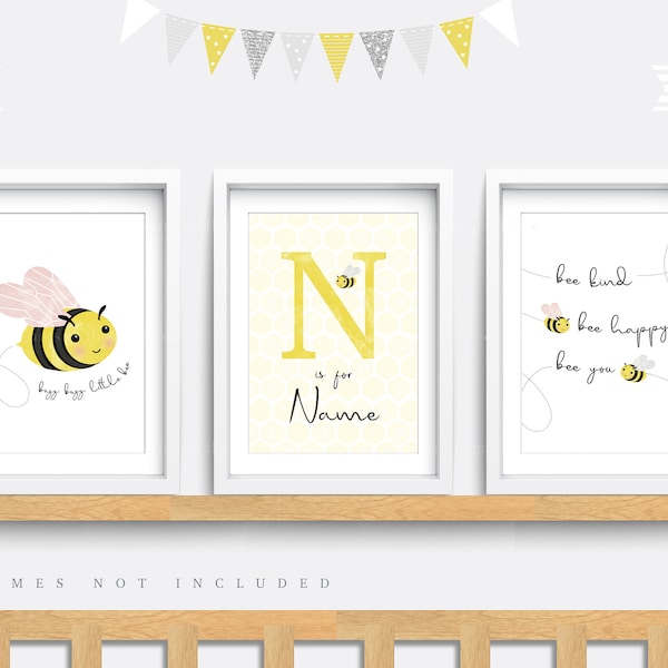 Bee wall art, Set of 3 prints, Bee Nursery print, Nursery wall art, Yellow wall art, Nursery decor, Baby name print, Be kind print