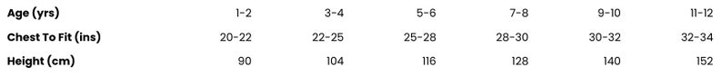 May include: A chart showing the recommended chest size and height for children's clothing sizes. The chart shows sizes for ages 1-2 through 11-12, with corresponding chest measurements in inches and height measurements in centimeters.