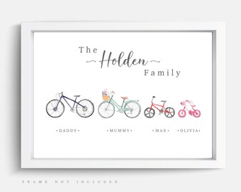 May include: A framed print with watercolour bicycle illustrations, each representing a family member. The text "The Holden Family" is above the bicycles, with names below. The frame is white.