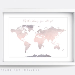 Pink and grey world map print, Map Wall Art, Educational Print, Baby Decor, Nursery Map, Nursery wall art, Living room decor, Playroom Print