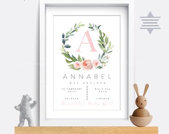 May include: A pink floral wreath with the letter A in the center. The text below reads "Annabel May Houlder 12 February 2019 02:25am Bib 4.5oz Lincoln Beautiful Baby Girl".