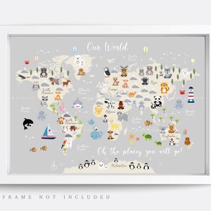 Animal World Map Print, Map Wall Art,  Educational Print,  Baby Decor,  Nursery Map,  Nursery Room,  Children&#39;s Room Decor,  Playroom Print