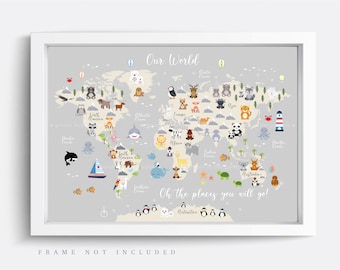 Peut inclure: Une carte du monde colorée avec des animaux de différents continents. La carte est sur un fond gris avec le texte "Our World" et "Oh the places you will go!" en haut et en bas de la carte.