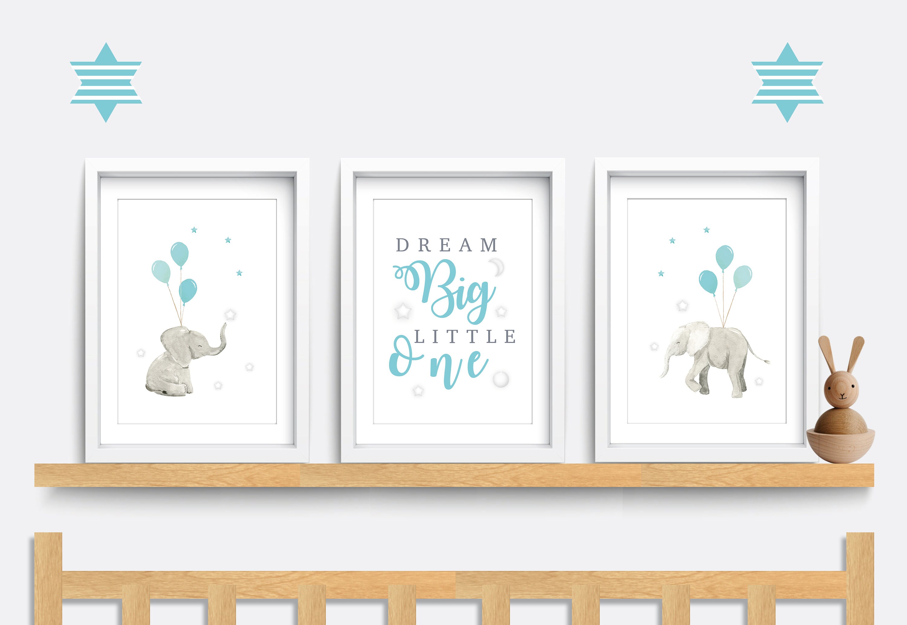 Elephant wall art, Set of 3 prints, Elephant Nursery print, Nursery decor, Turquoise wall art, Safari animal art, Dream big little one print