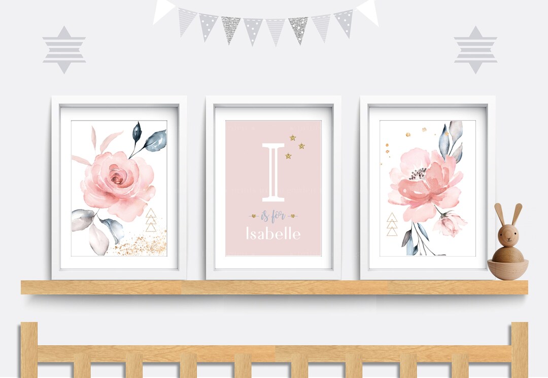 Flower Nursery Wall Art, Set of 3 Prints, Pink Nursery Decor, Floral