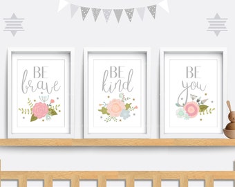 Floral Nursery Prints Set, Brave, Kind, You